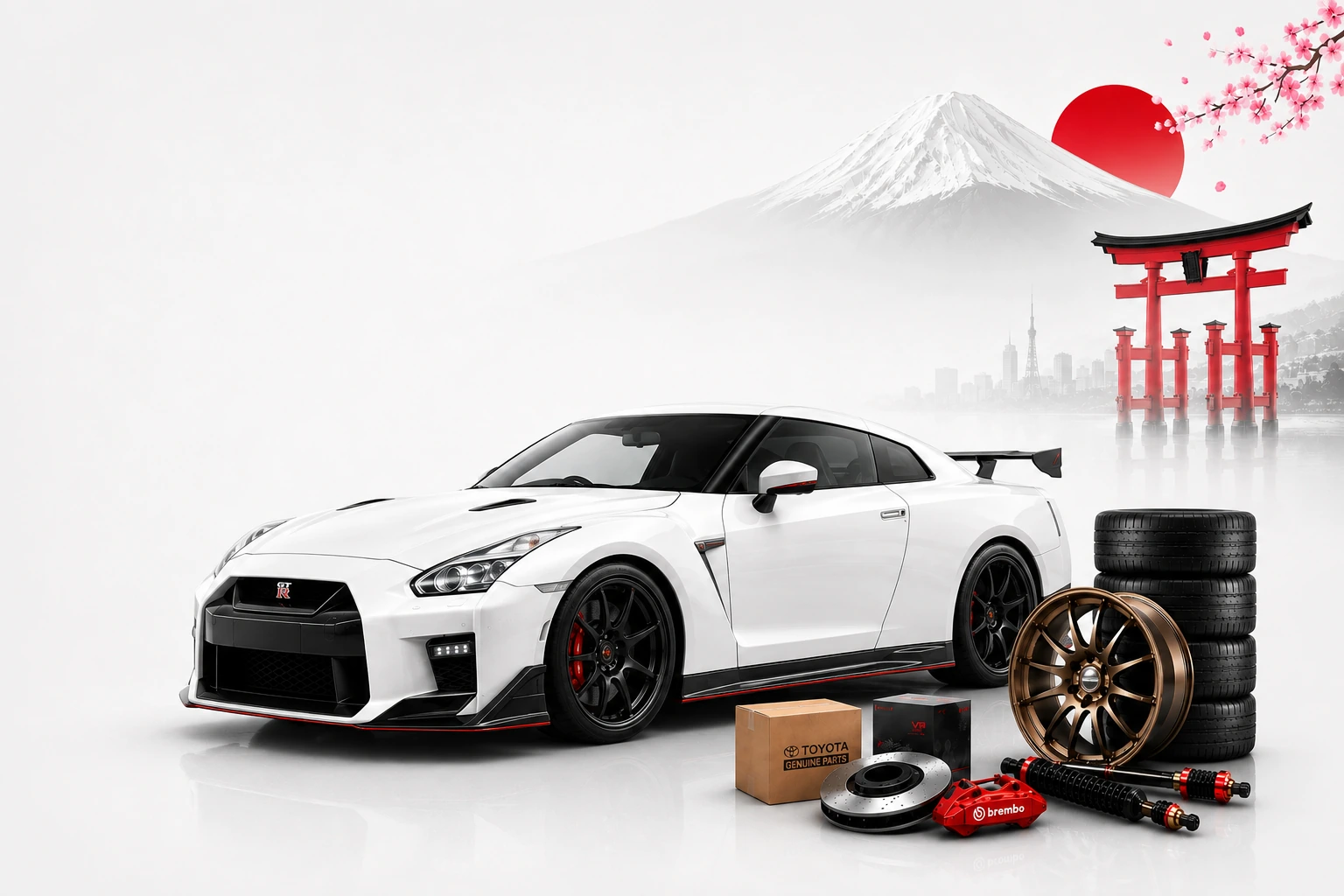 GT-R, шины, диски и запчасти на фоне Фудзи и тории